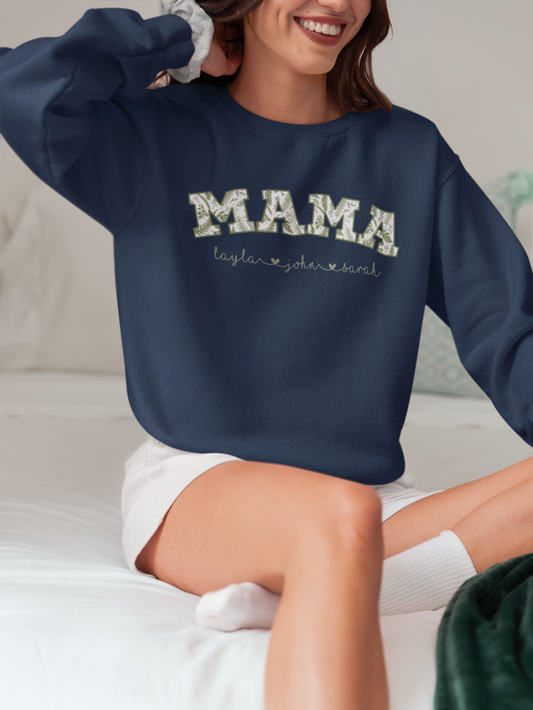 Custom Mama Sweatshirt – Green Floral Varsity Letters – Personalized Mom Crewneck Gift