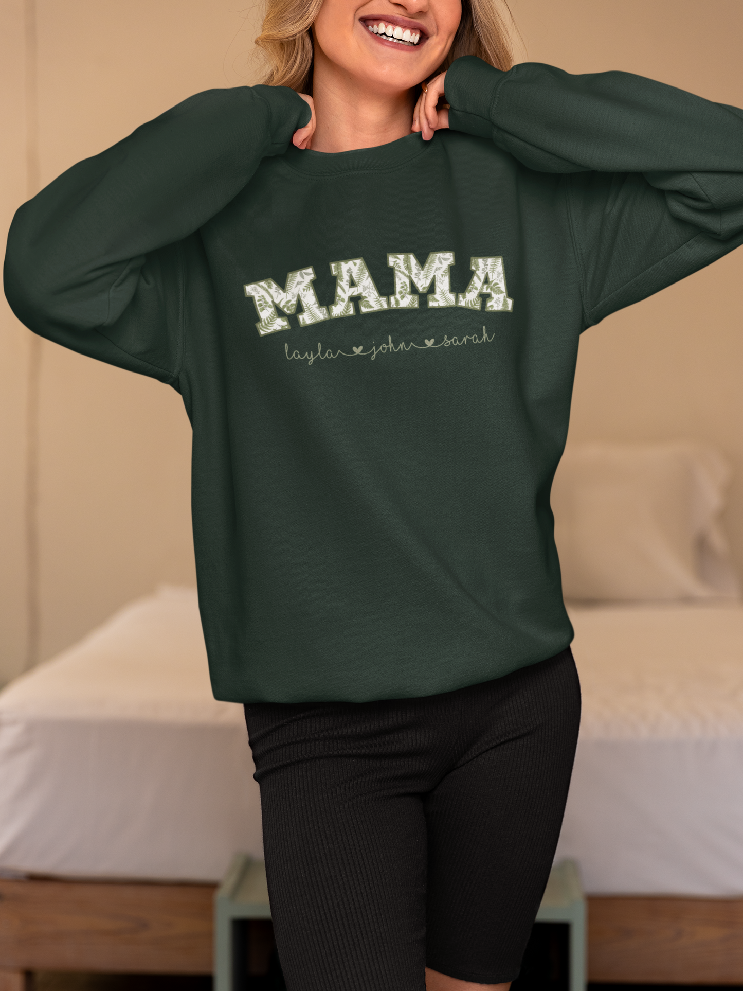 Custom Mama Sweatshirt – Green Floral Varsity Letters – Personalized Mom Crewneck Gift