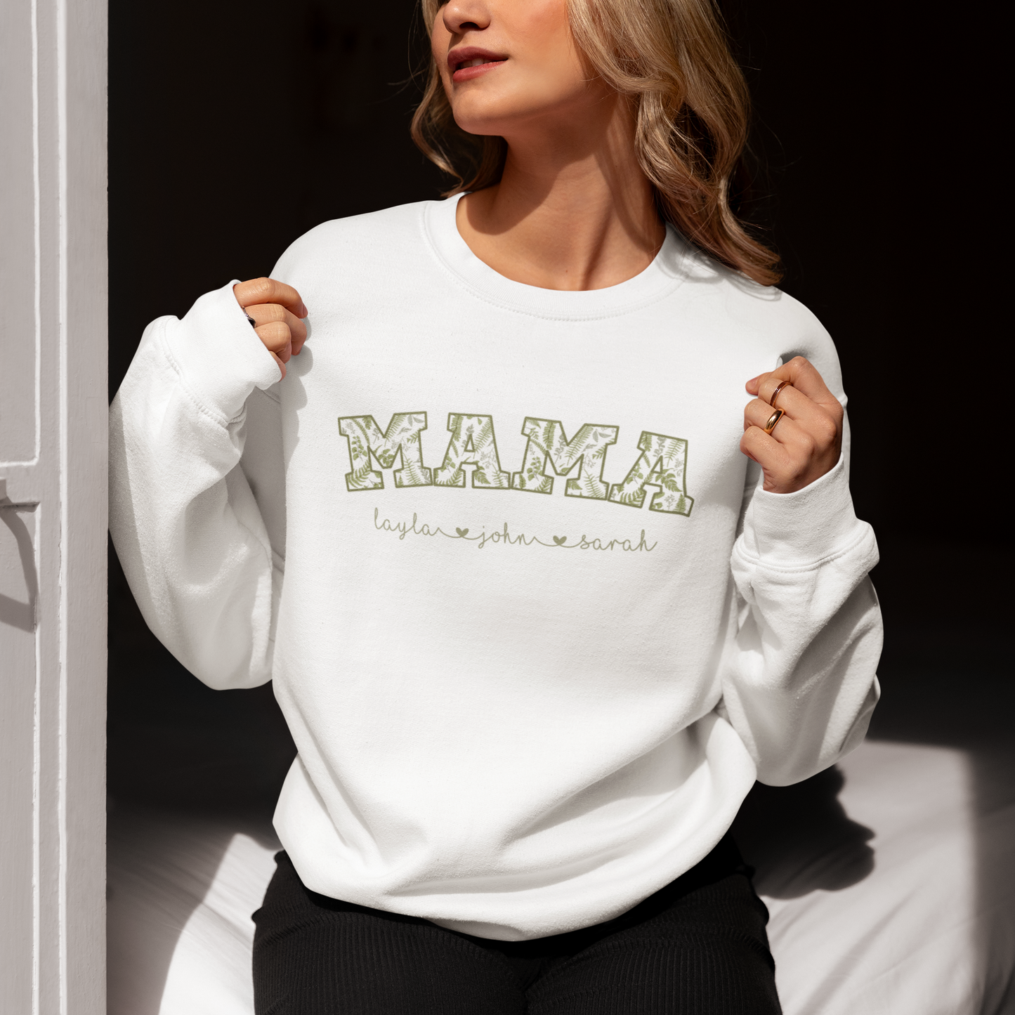 Custom Mama Sweatshirt – Green Floral Varsity Letters – Personalized Mom Crewneck Gift